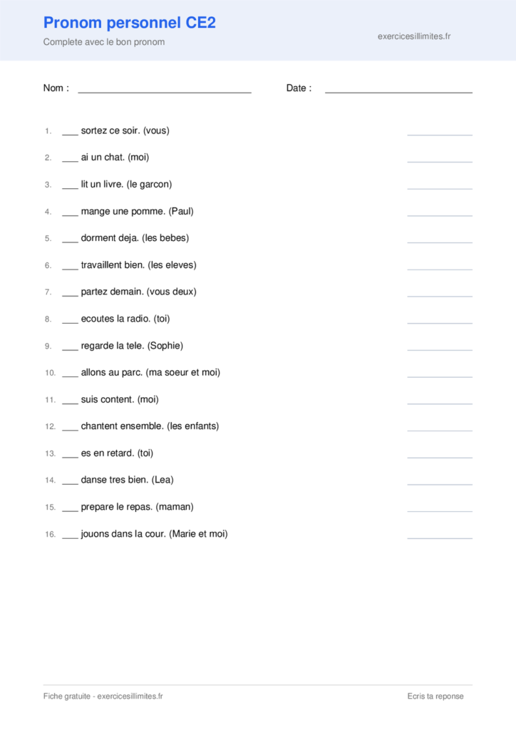 Fiche pronom personnel CE2 a imprimer