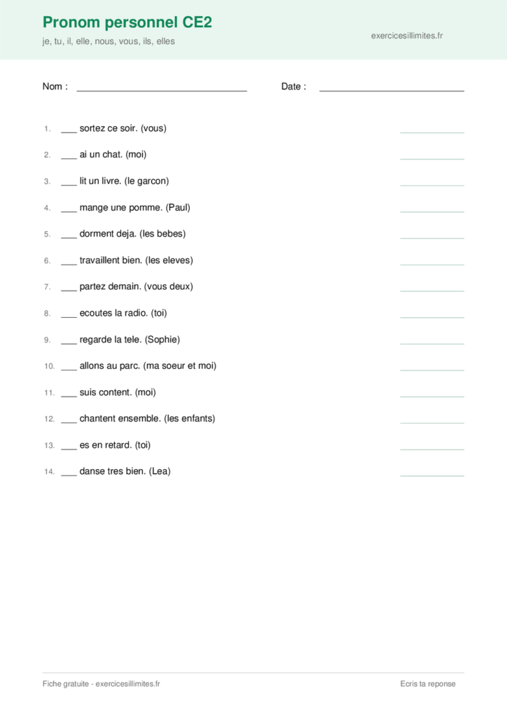 Fiche pronom personnel CE2 a imprimer