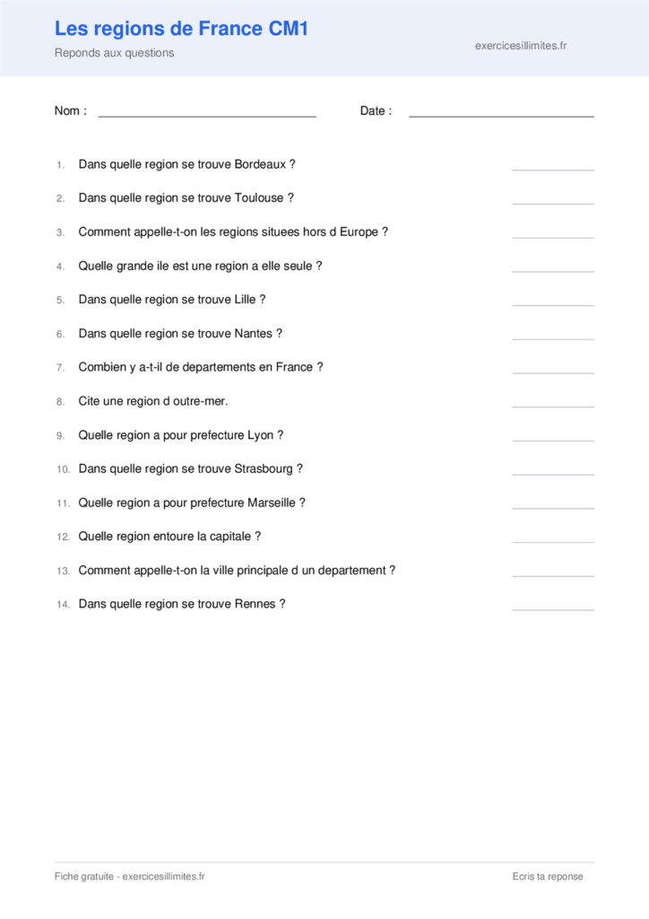 Fiche les regions de france cm1 a imprimer