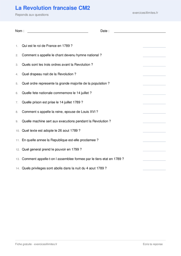 Fiche la revolution francaise cm2 a imprimer