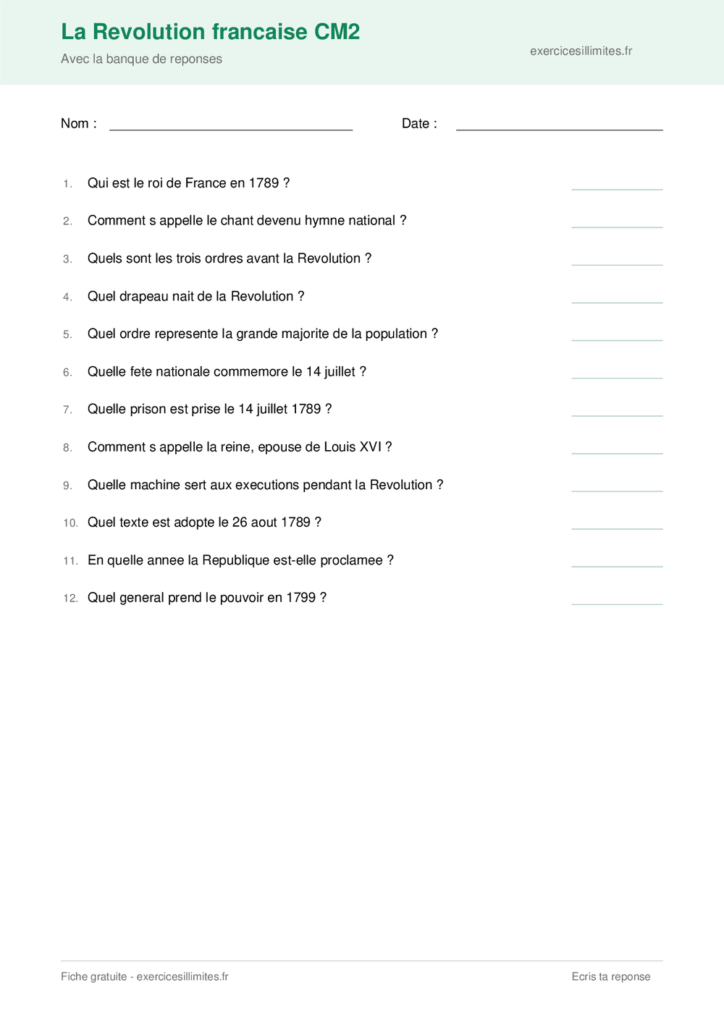 Fiche la revolution francaise cm2 a imprimer