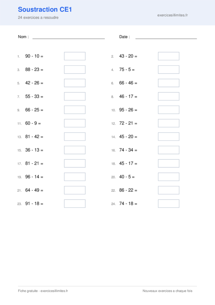 Fiche soustraction ce1 - 24 exercices a resoudre