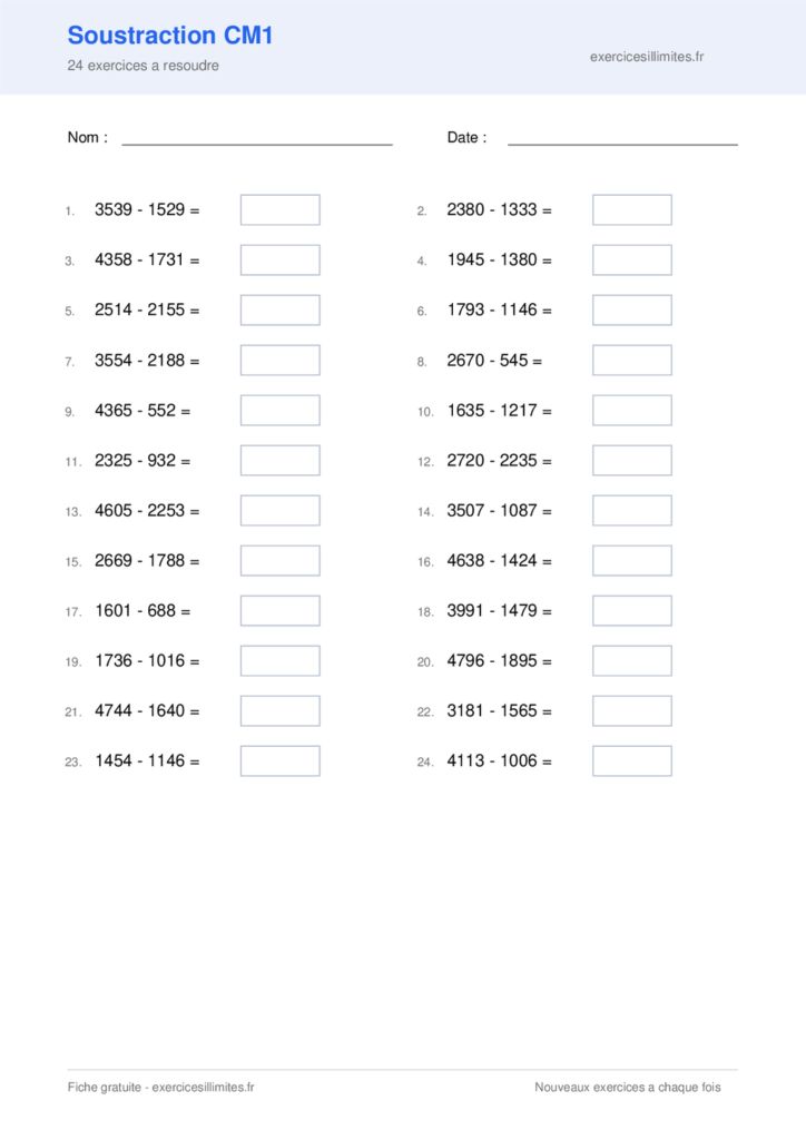 Fiche soustraction cm1 - 24 exercices a resoudre