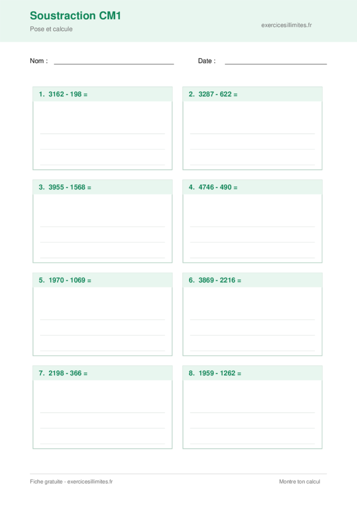 Fiche soustraction cm1 - Pose et calcule