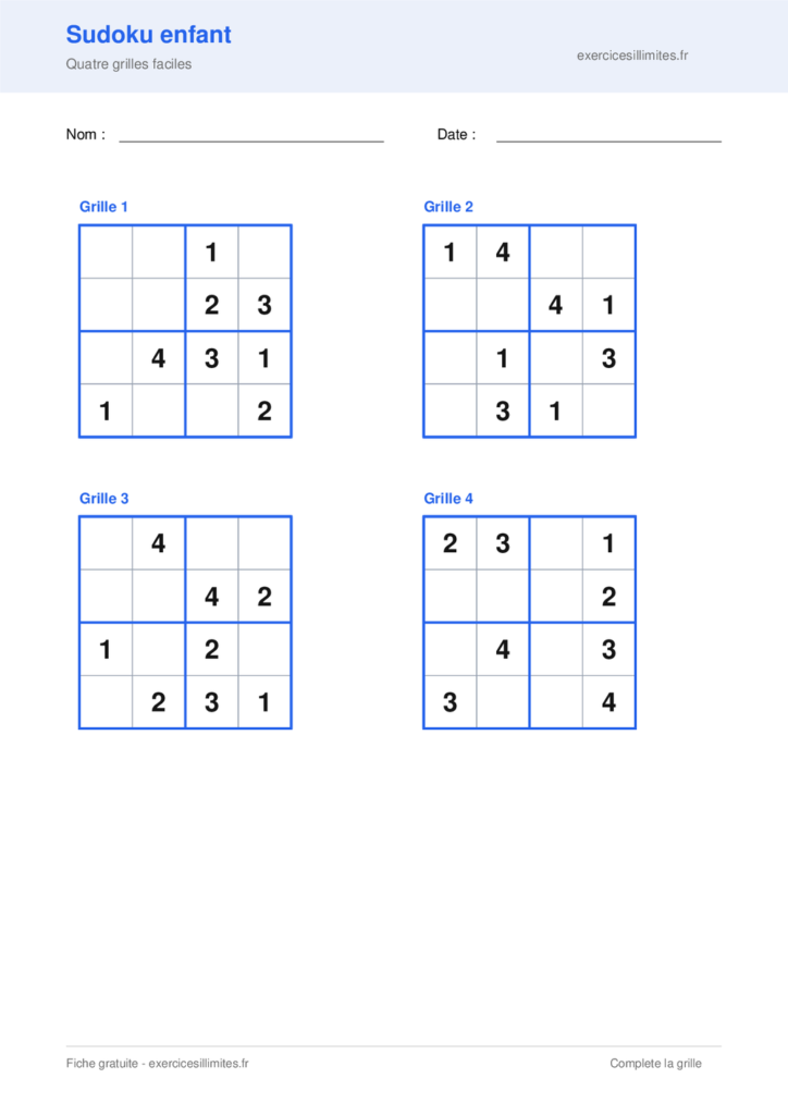 Grille de sudoku enfant a imprimer - Sudoku 4x4 pour débutants