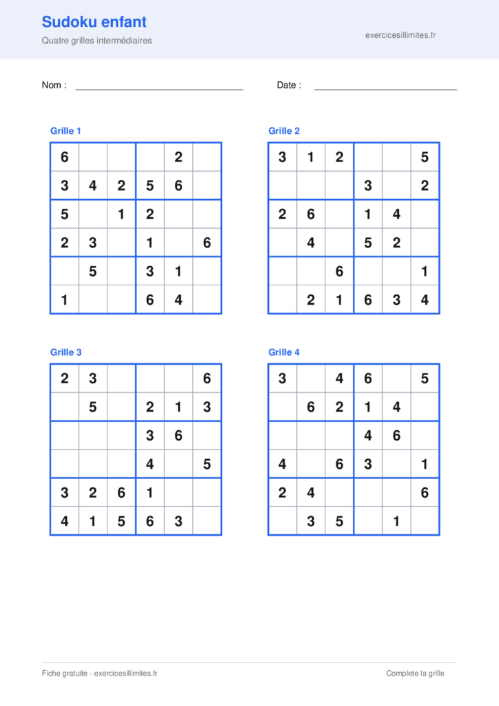 Grille de sudoku enfant a imprimer - Sudoku 6x6