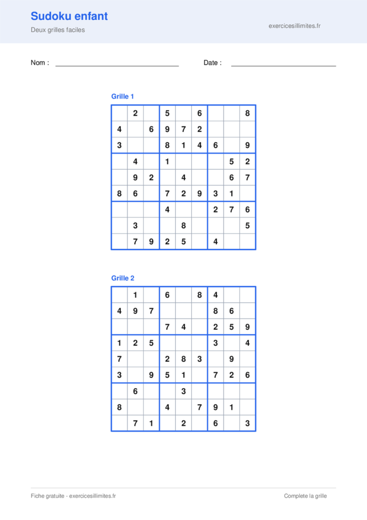 Grille de sudoku enfant a imprimer - Sudoku 9x9 facile