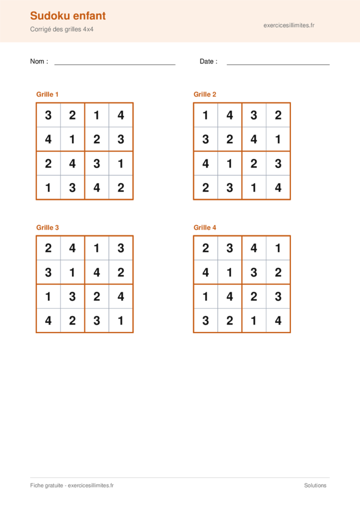 Grille de sudoku enfant a imprimer - Solutions