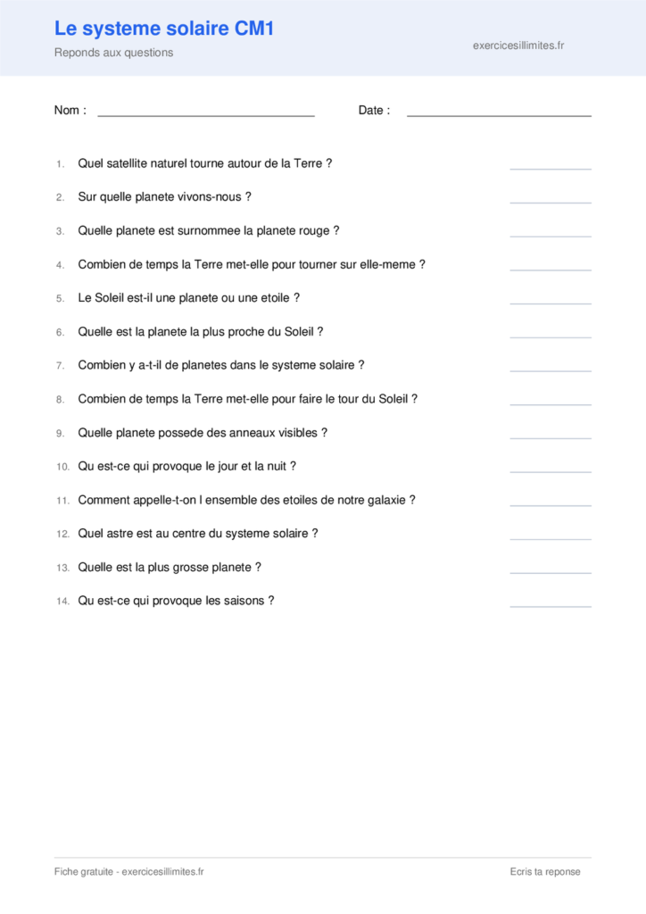 Fiche le systeme solaire cm1 a imprimer