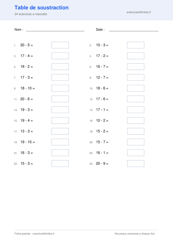 Fiche table de soustraction - 24 exercices a resoudre