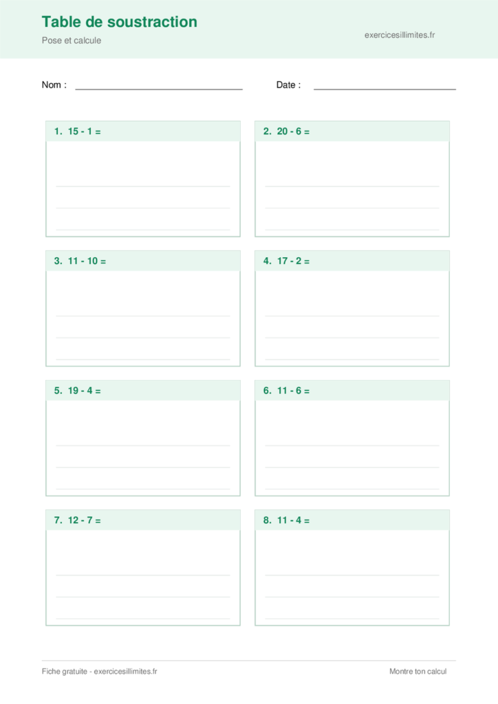 Fiche table de soustraction - Pose et calcule