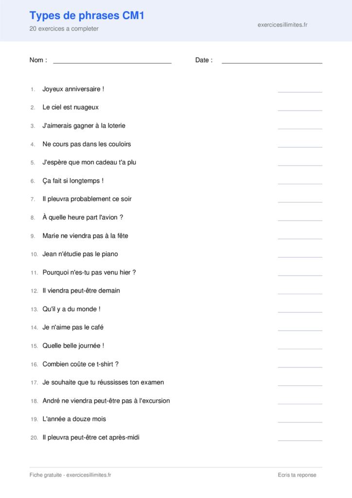 Fiche types de phrases cm1 a imprimer
