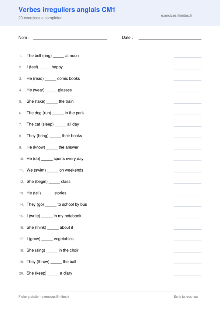 Fiche verbes irreguliers anglais cm1 a imprimer