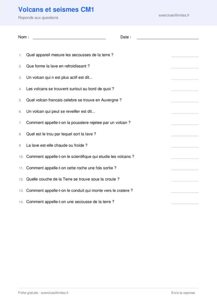 Fiche volcans et seismes cm1 a imprimer