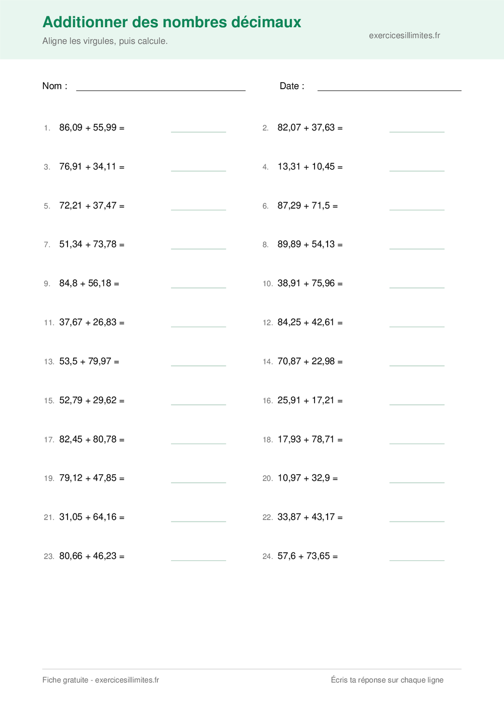 Fiche CM1 de vingt-quatre additions de nombres décimaux