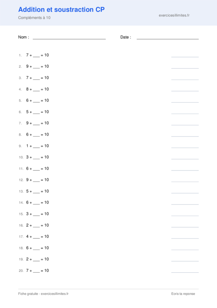 Fiche addition et soustraction cp a imprimer - Compléments à 10