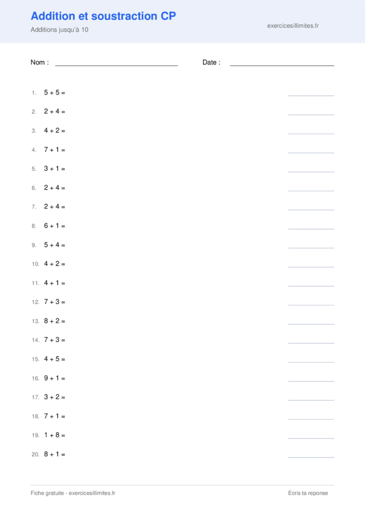 Fiche addition et soustraction cp a imprimer - Additions jusqu’à 10