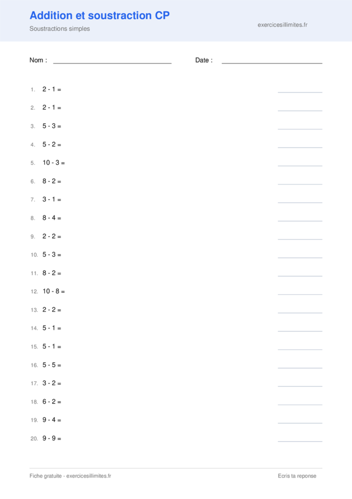 Fiche addition et soustraction cp a imprimer - Soustractions simples