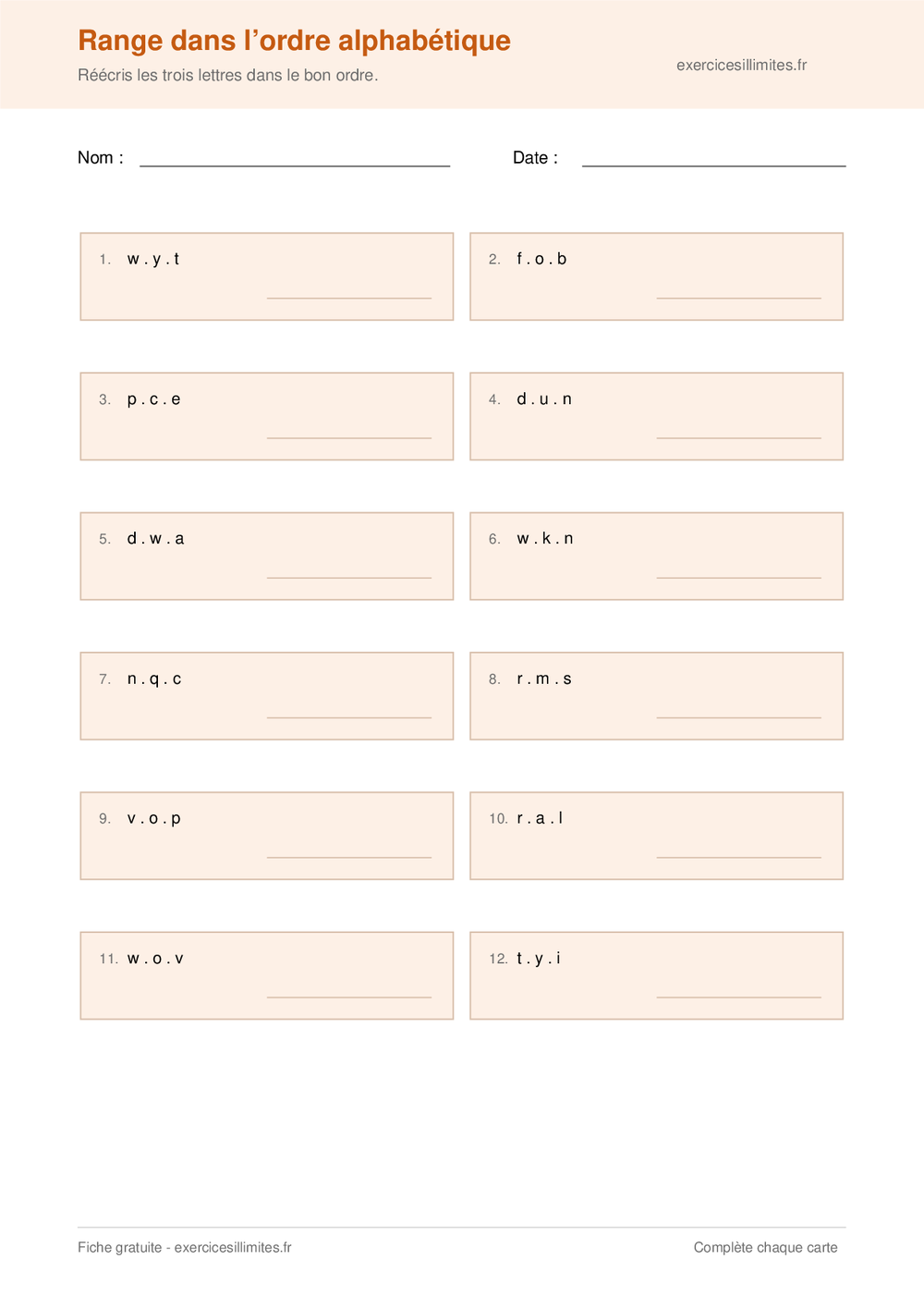 Fiche CP pour ranger des groupes de trois lettres dans l’ordre alphabétique