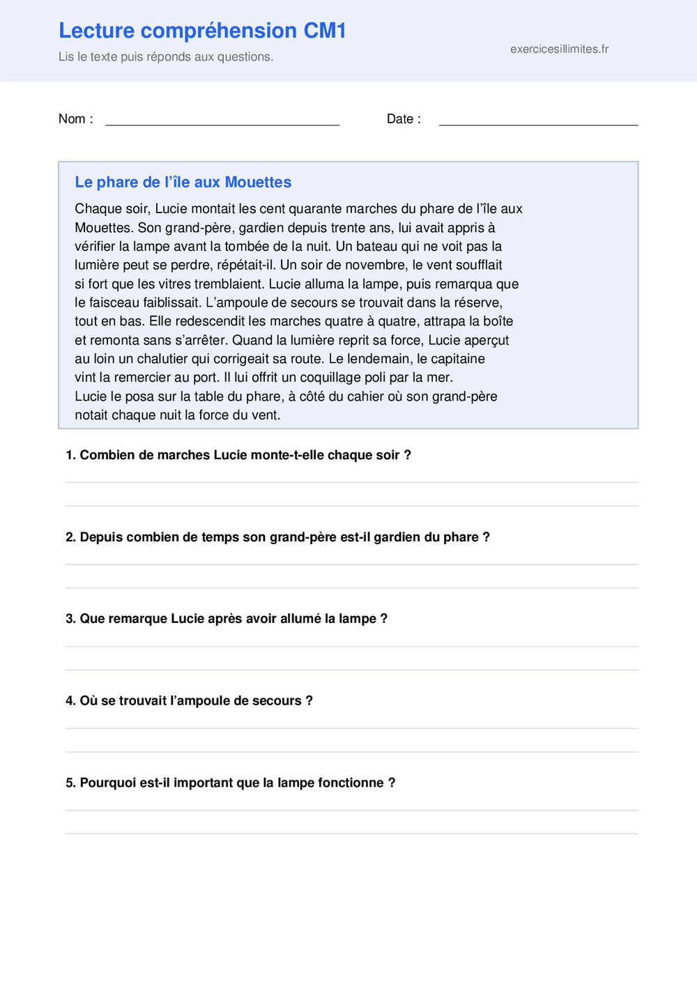 Fiche de lecture CM1 avec un texte narratif et huit questions de compréhension