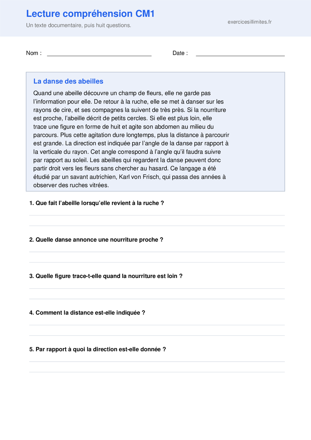Fiche de lecture CM1 avec un texte documentaire sur les abeilles et huit questions