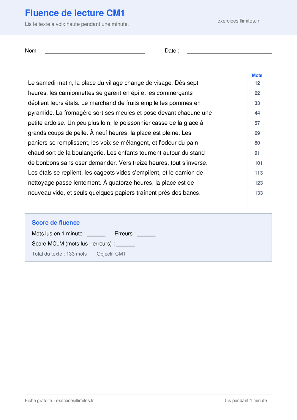 Fiche de fluence CM1 avec compteur de mots en marge