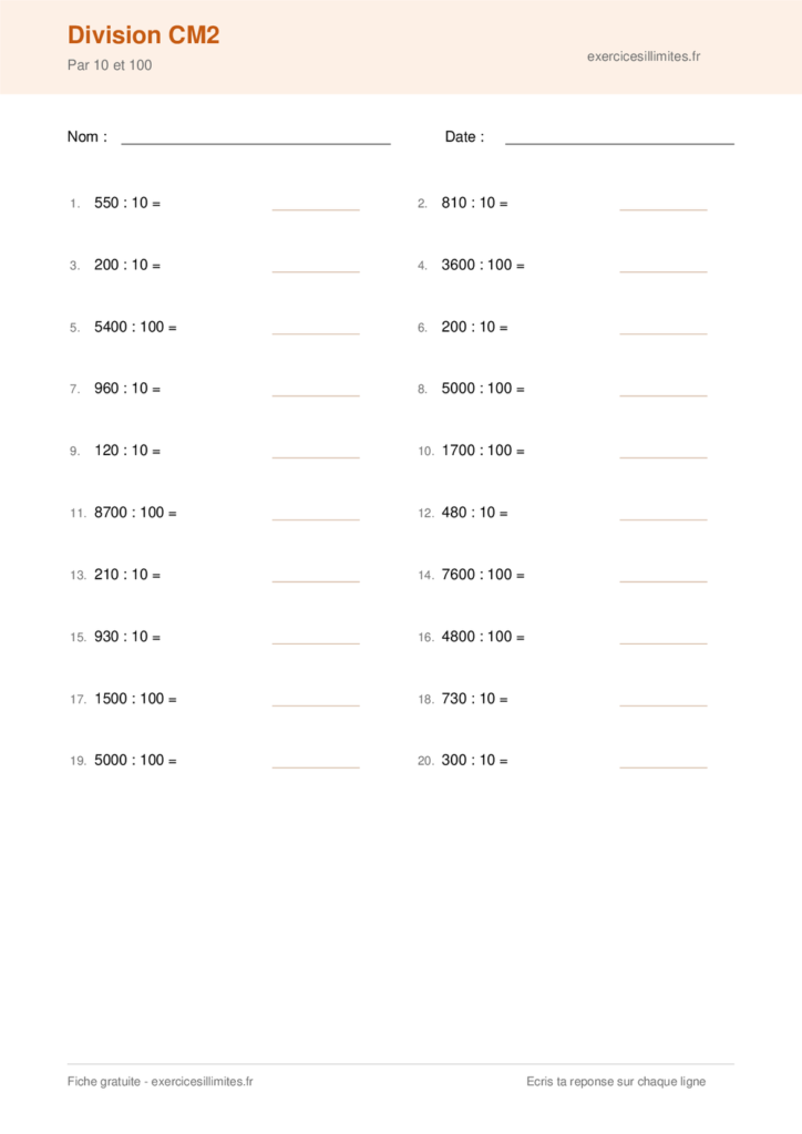 Fiche division cm2 a imprimer - Par 10 et 100