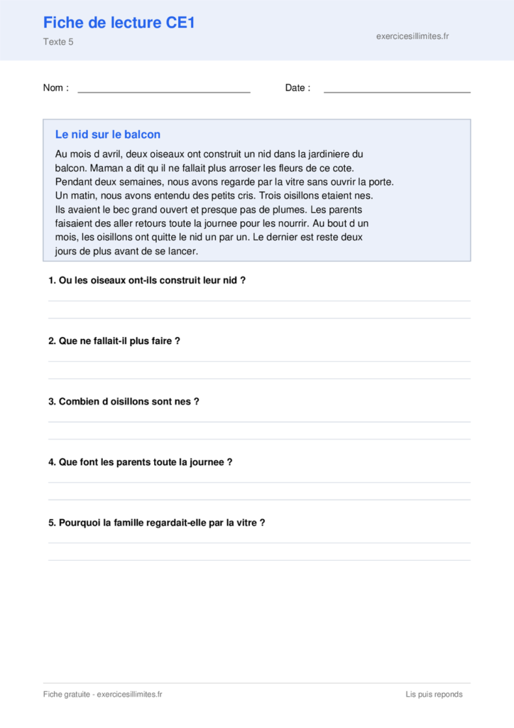 Fiche de lecture CE1 a imprimer - Le nid sur le balcon