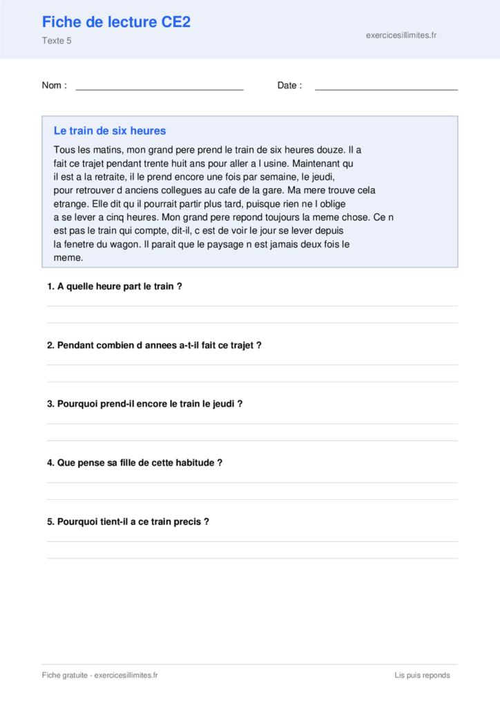 Fiche de lecture CE2 a imprimer - Le train de six heures