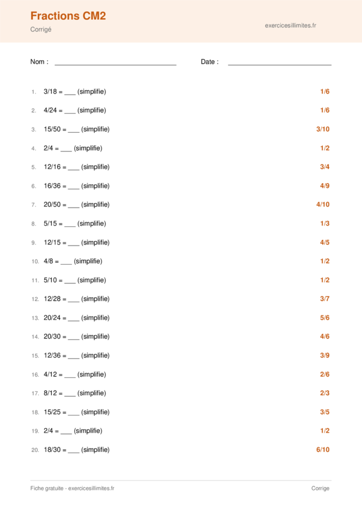 Fiche fractions cm2 a imprimer - Corrigé