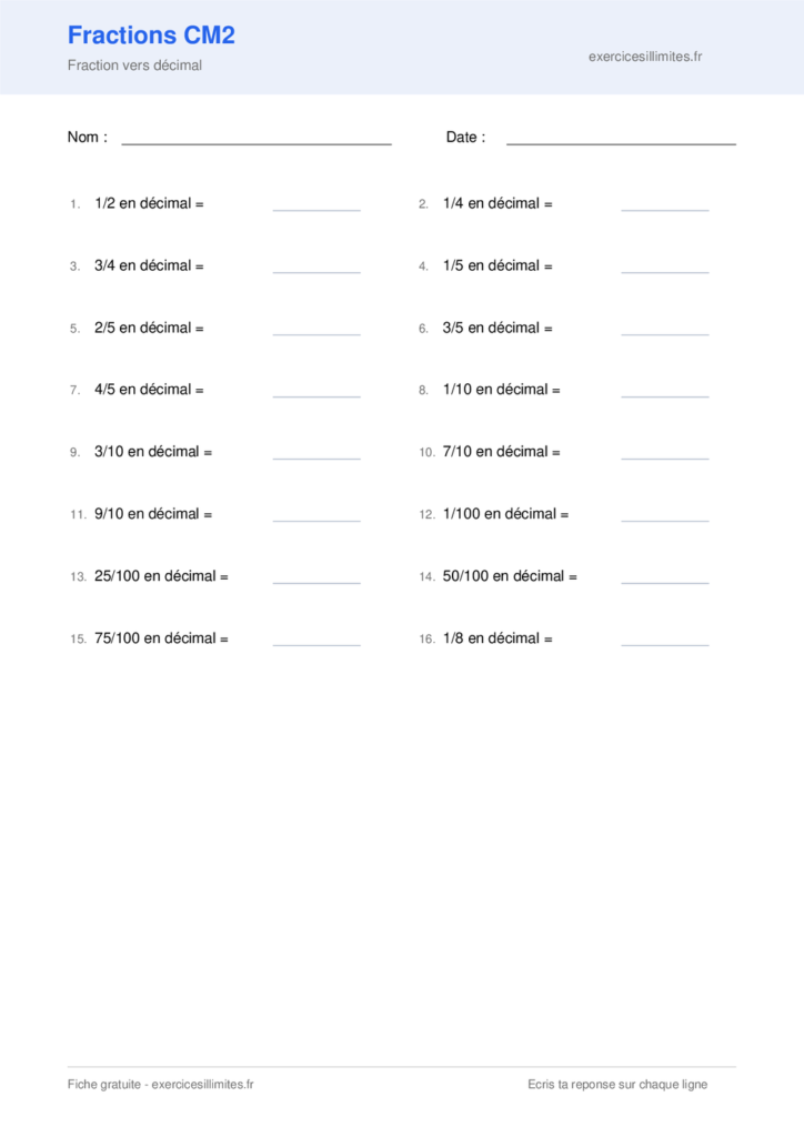 Fiche fractions cm2 a imprimer - Fraction vers décimal