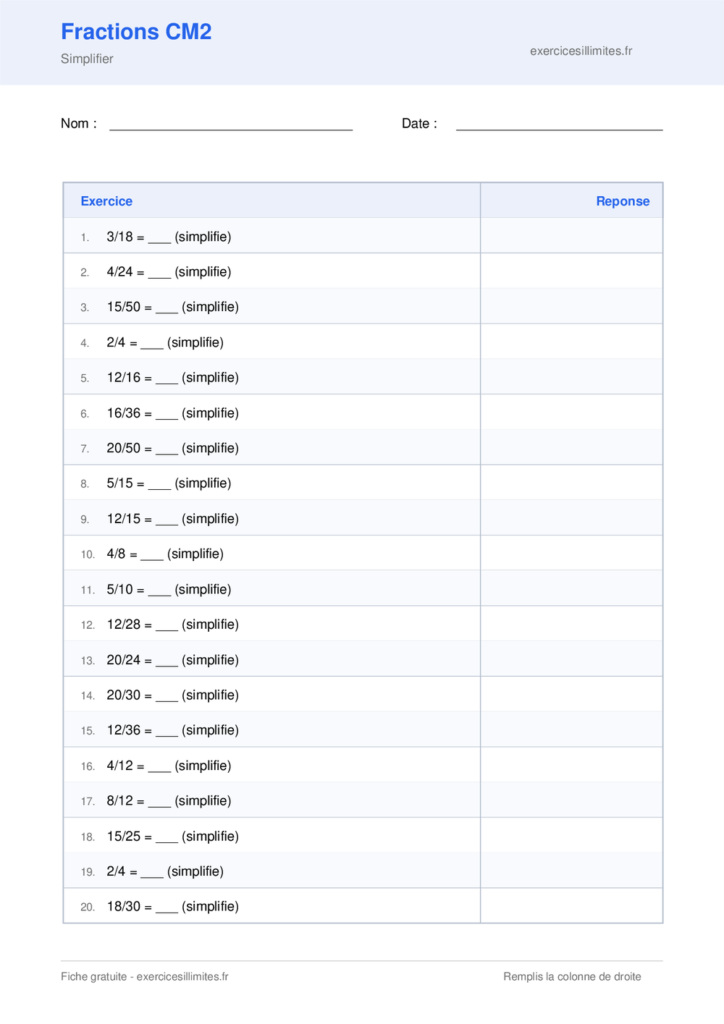 Fiche fractions cm2 a imprimer - Simplifier