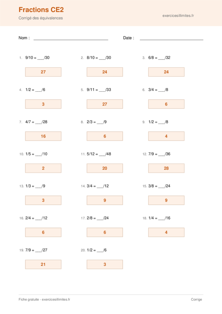Fiche fractions CE2 a imprimer - Corrigé des équivalences