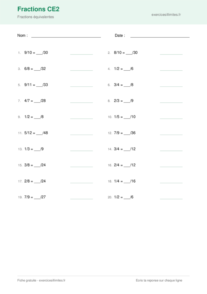 Fiche fractions CE2 a imprimer - Fractions équivalentes