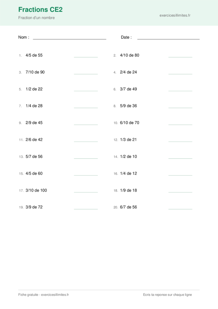 Fiche fractions CE2 a imprimer - Fraction d’un nombre