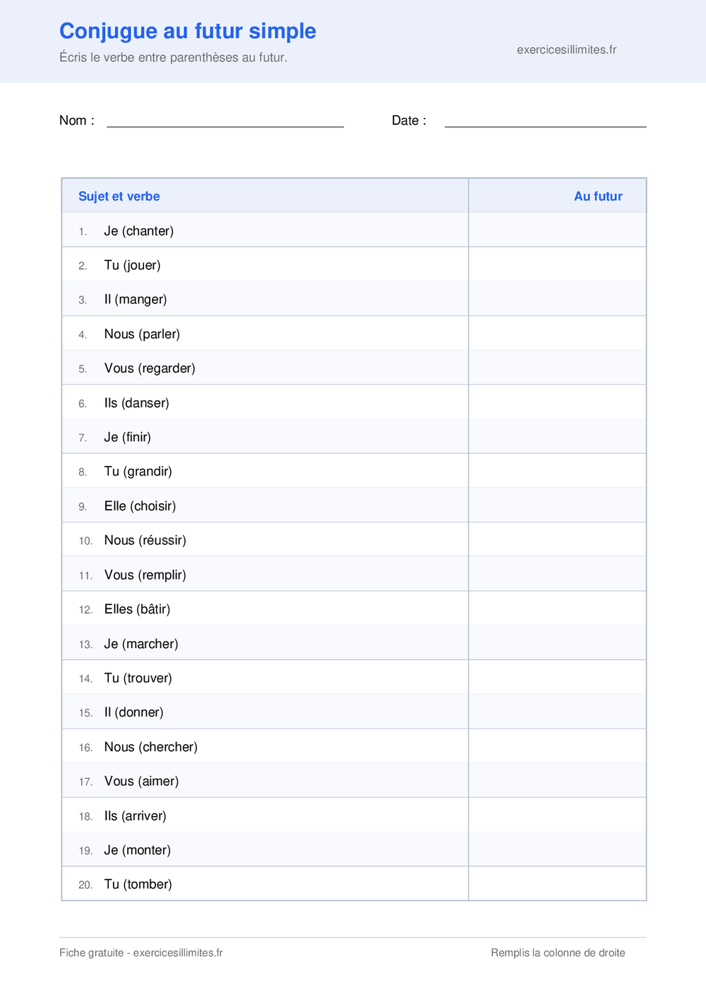 Fiche CE2 pour conjuguer vingt verbes réguliers au futur simple