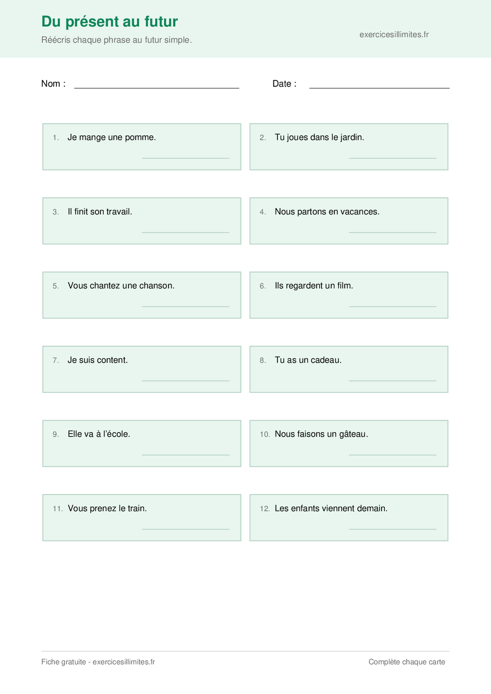 Fiche CE2 pour réécrire douze phrases du présent au futur