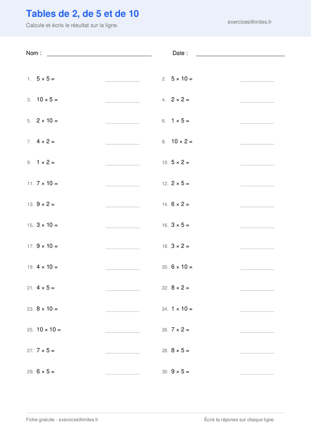 Fiche de multiplication CE1 avec les tables de 2, de 5 et de 10