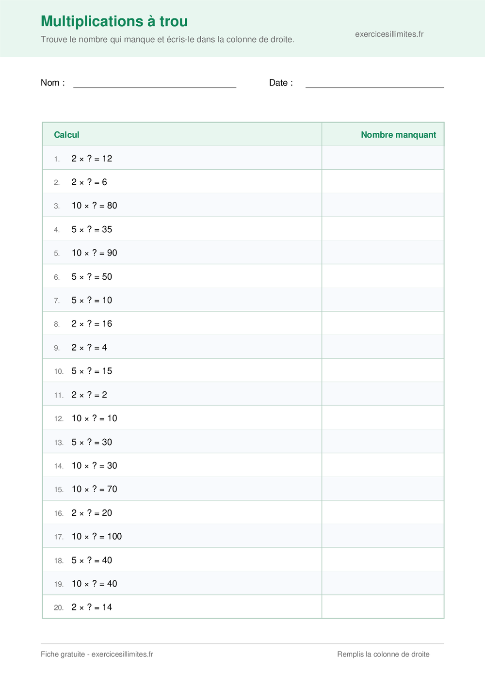 Fiche CE1 de multiplications à trou à compléter