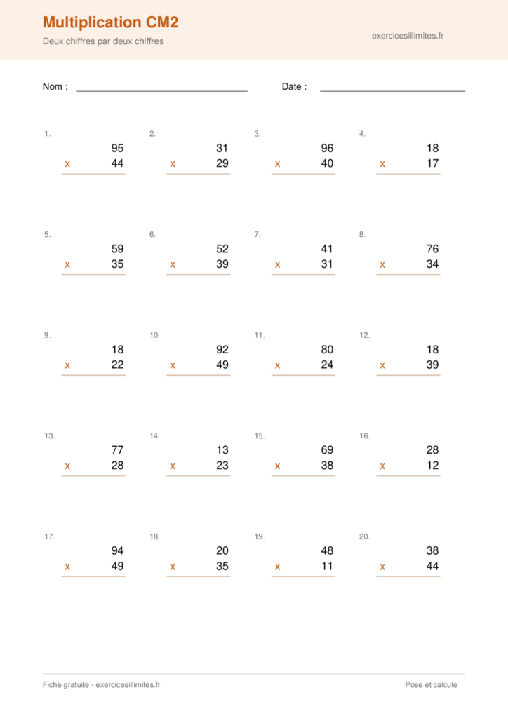 Fiche multiplication cm2 a imprimer - Deux chiffres par deux chiffres