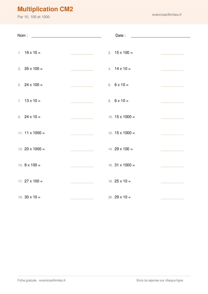 Fiche multiplication cm2 a imprimer - Par 10, 100 et 1000