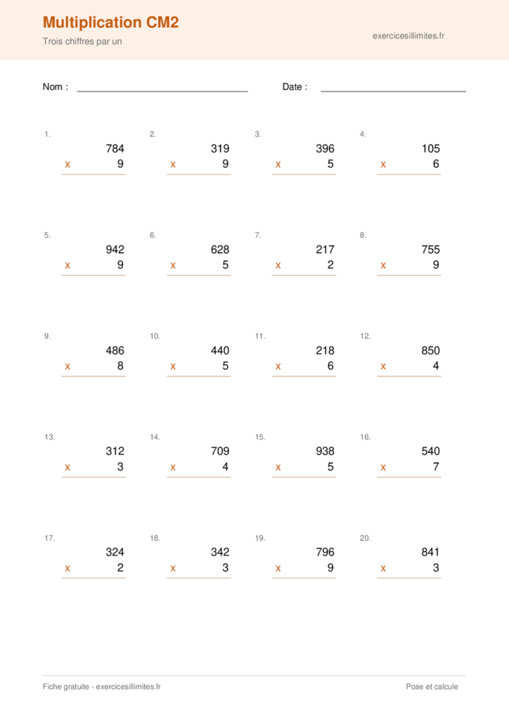 Fiche multiplication cm2 a imprimer - Trois chiffres par un