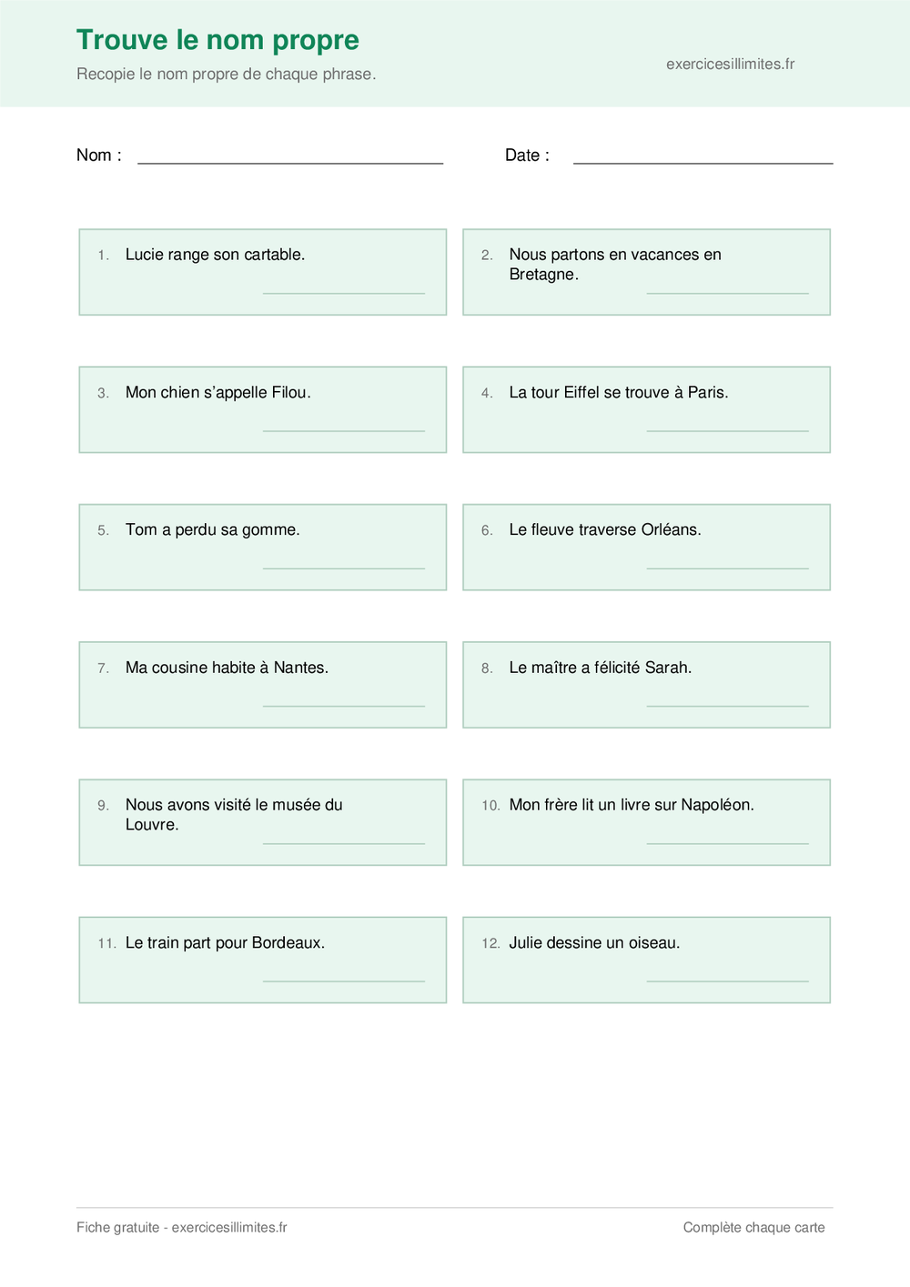 Fiche CE1 avec douze phrases dans lesquelles repérer le nom propre