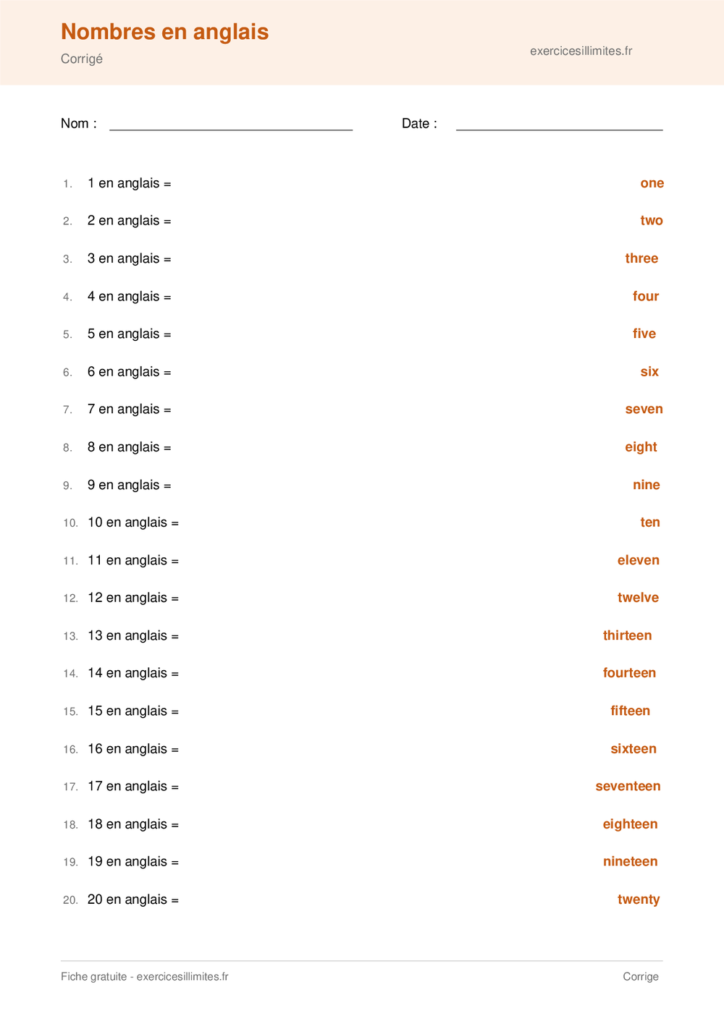Fiche nombres en anglais a imprimer - Corrigé