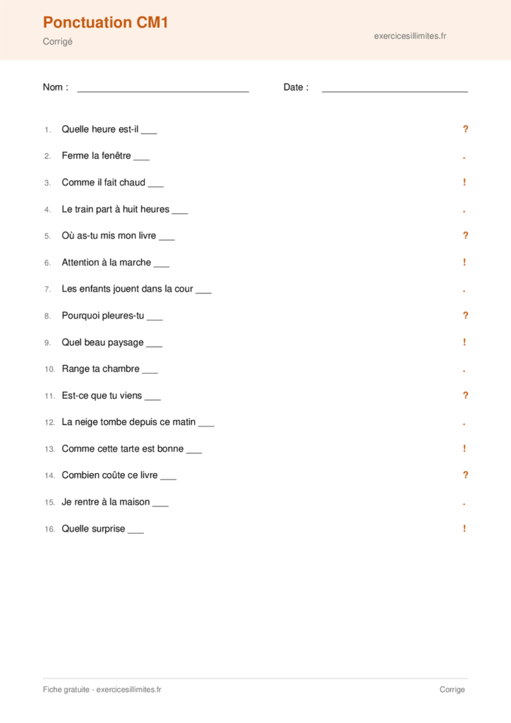 Fiche ponctuation cm1 a imprimer - Corrigé