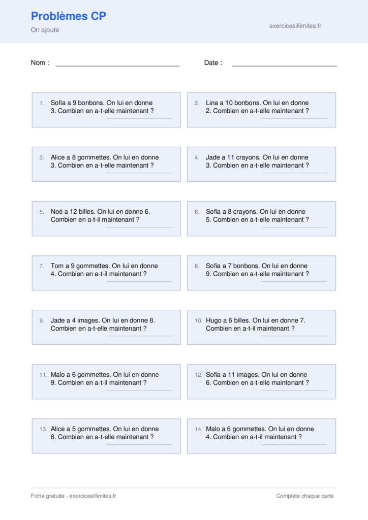 Fiche problèmes CP à imprimer - On ajoute