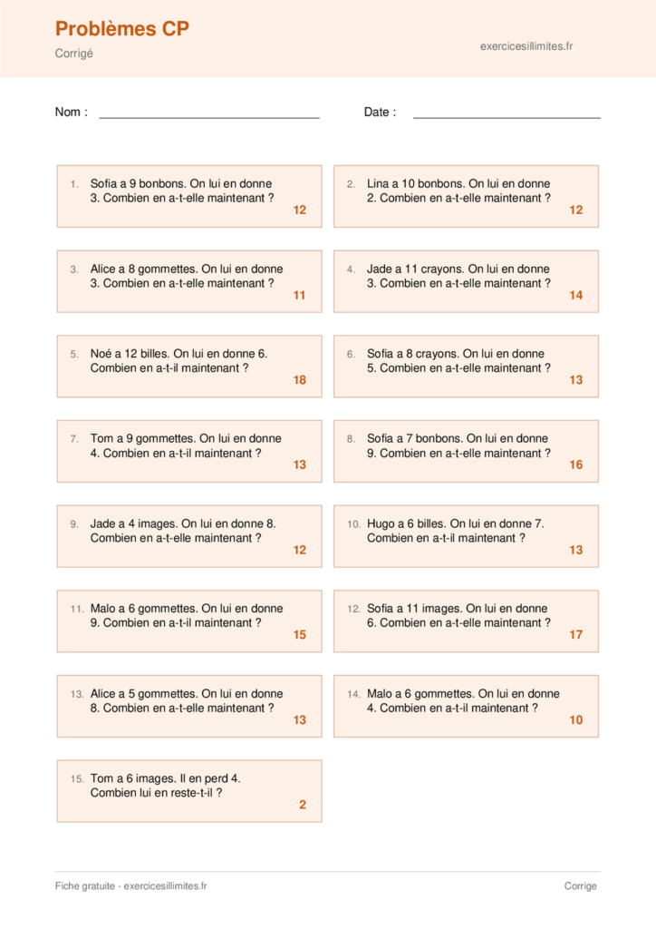 Fiche problèmes CP à imprimer - Corrigé