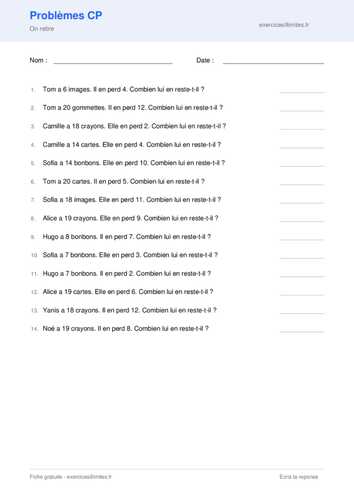 Fiche problèmes CP à imprimer - On retire