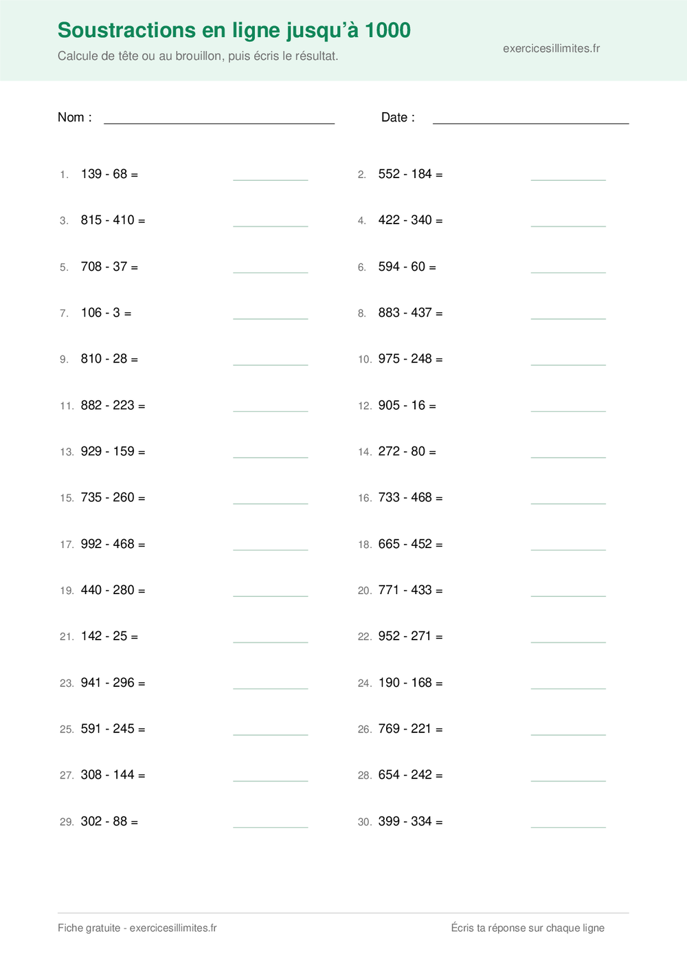 Fiche CE2 de trente soustractions en ligne jusqu’à 1000