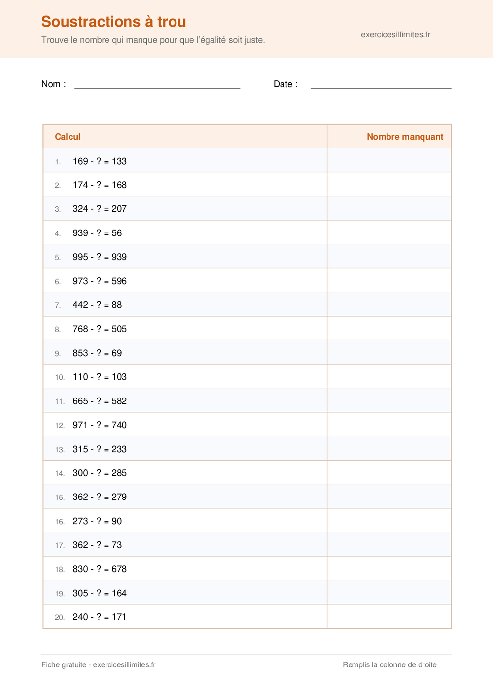 Fiche CE2 de vingt soustractions à trou